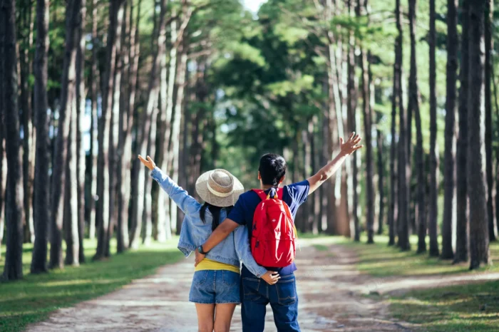 couple traveler pine forest crc84a2b5bd - title:عکس زن و مرد در جنگل - اورچین فایل - format:JPG - استوک - sku:crc84a2b5bd - keywords: p_id:99365