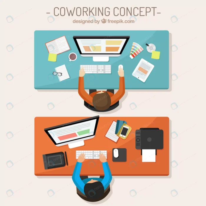 coworking concept illustration crc0c262fc7 size1.16mb 1 - title:وکتور خانم و مرد در حال کار با کامپیوتر از نمای بالا - اورچین فایل - format:EPS - وکتور - sku:crc0c262fc7 - keywords: p_id:52950