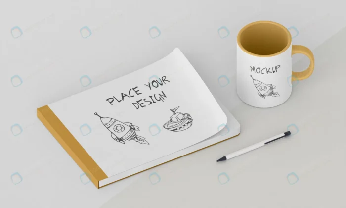 custom mug mock up with notepad crcb1f14304 size53.90mb - title:موکاپ ماگ و جلد دفتر - اورچین فایل - format:PSD - فتوشاپ - sku:crcb1f14304 - keywords: p_id:82945