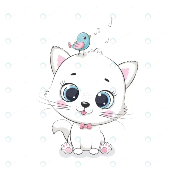 cute baby cat with bird illustration baby shower crc920a860b size0.95mb - title:وکتور کارتونی گربه سفید - اورچین فایل - format:EPS - وکتور - sku:crc920a860b - keywords: p_id:77663