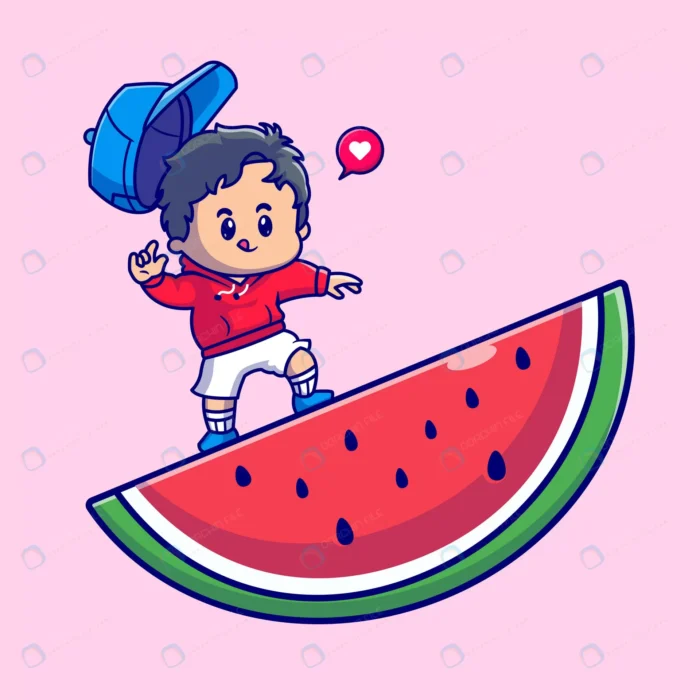 cute boy watermelon cartoon vector icon illustrat crc08b2aa97 size1.95mb - title:وکتور کاراکتر کارتونی پسر بچه روی هندوانه - اورچین فایل - format:EPS - وکتور - sku:crc08b2aa97 - keywords: p_id:61718