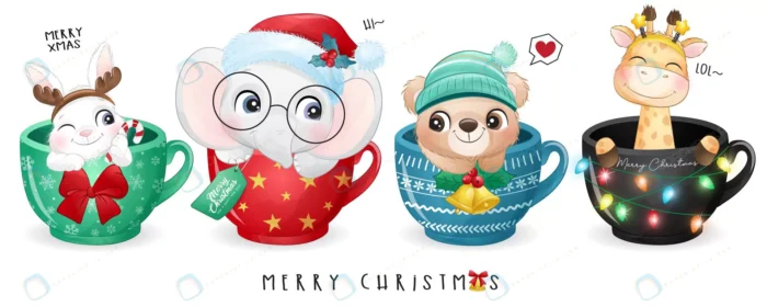 cute doodle animals christmas day with watercolor crcac4766ea size18.24mb - title:مجموعه کاراکتر کارتونی حیوانات داخل فنجان - اورچین فایل - format:EPS - وکتور - sku:crcac4766ea - keywords: p_id:86767