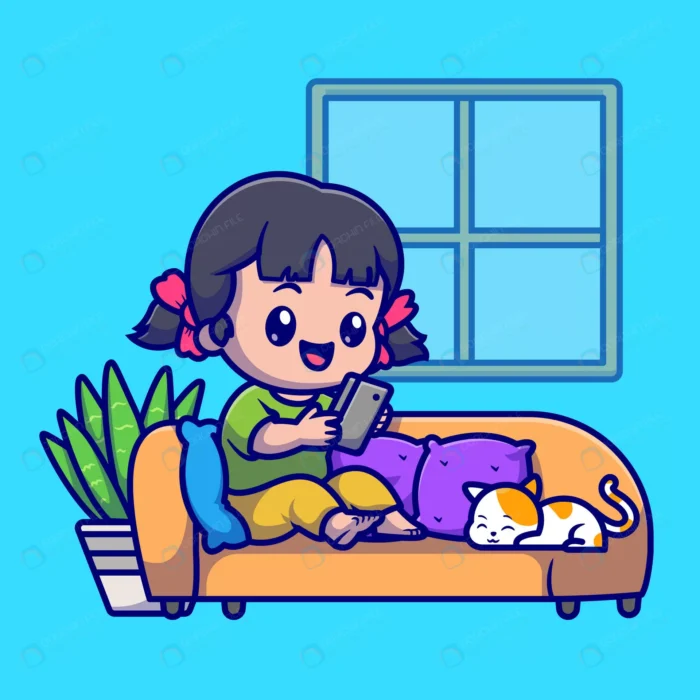 cute girl playing phone with cat sofa cartoon vec crc8d1dde8b size1.33mb - title:کاراکتر کارتونی دختر با گوشی همراه - اورچین فایل - format:EPS - وکتور - sku:crc8d1dde8b - keywords: p_id:61826