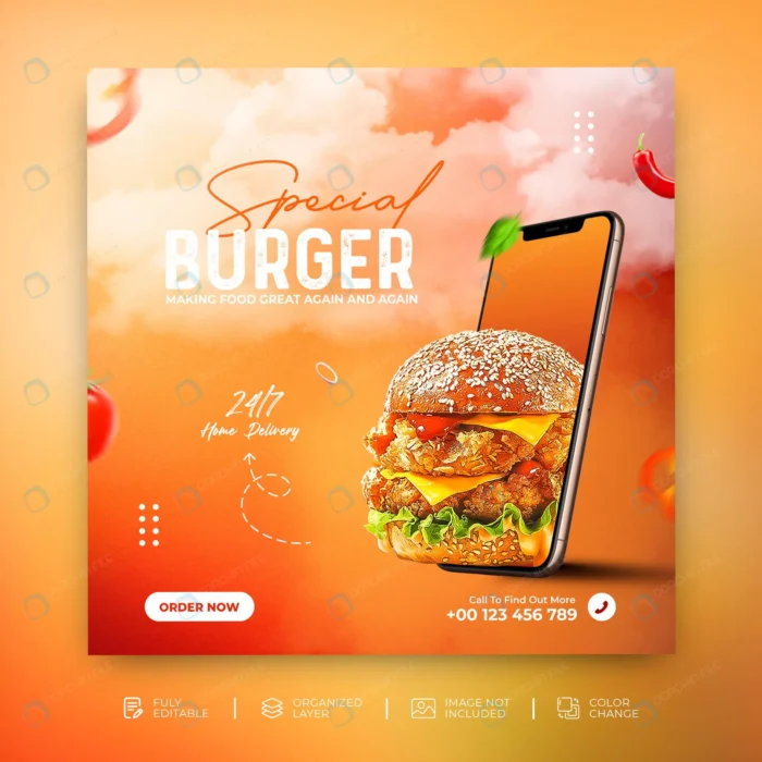 delicious burger food menu social media promotion crc66a47db1 size7.77mb - title:قالب پست اینستاگرام با موضوع سفارش آنلاین - اورچین فایل - format:PSD - فتوشاپ - sku:crc66a47db1 - keywords: p_id:82359