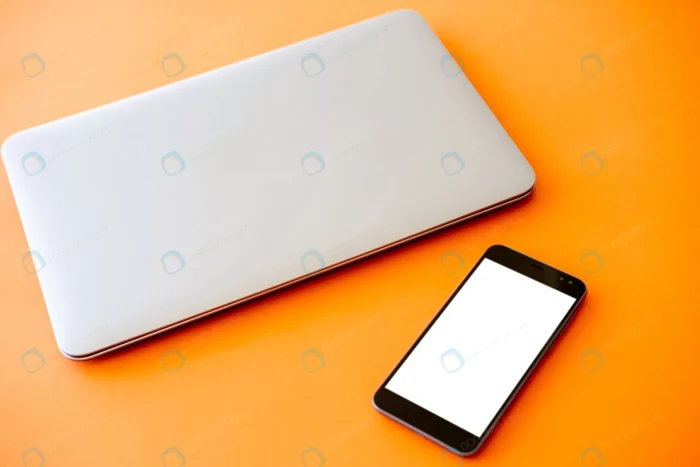 digital mockup distance work online technology rnd784 frp27568053 - title:لپ تاپ و موبایل با پس زمینه نارنجی - اورچین فایل - format:JPG - استوک - sku:frp27568053 - keywords: p_id:73347