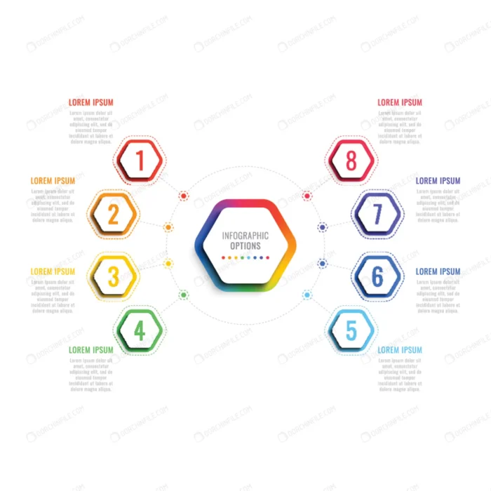 eight steps 3d infographic template with hexagona crc9d0ff438 size3.11mb - title:وکتور اینفوگرافی 8 مرحله ای - اورچین فایل - format:EPS - وکتور - sku:crc9d0ff438 - keywords: p_id:98963