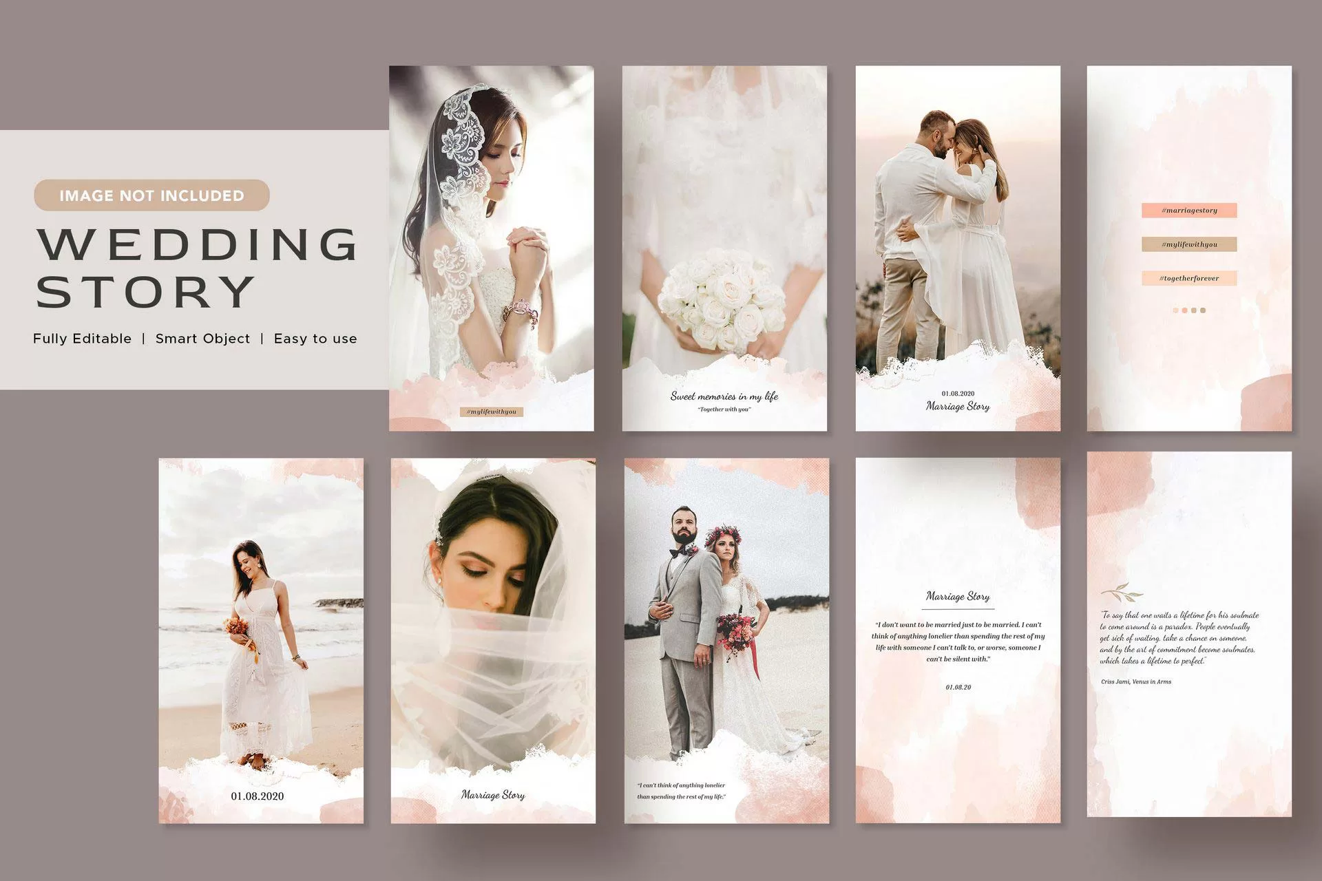 elegance minimalist watercolor wedding story social media banner design instagram post template 1 - title:دانلود 9 استوری اینستاگرامی با موضوع و تم جشن عروسی در فرمت PSD - اورچین فایل - format:PSD - فتوشاپ - sku:5438 - keywords: p_id:31069