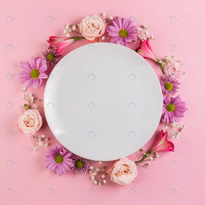 empty white plate decorated with colorful flowers crc24f4895e - title:استوک حلقه گل دور کادر دایره - اورچین فایل - format:JPG - استوک - sku:crc24f4895e - keywords: p_id:40979