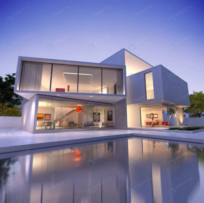 external view contemporary house with pool dusk crc3be478f5 - title:رندر تصویر منزل مدرن بزرگ - اورچین فایل - format:JPG - استوک - sku:crc3be478f5 - keywords: p_id:62175
