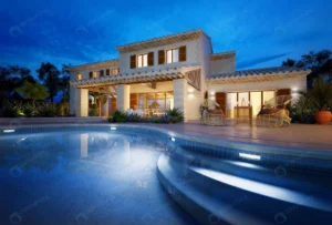 external view modern house with pool dusk crc0a897da3 size9.93mb 4500x3047 - title:Home - اورچین فایل - format: - sku: - keywords: p_id:18