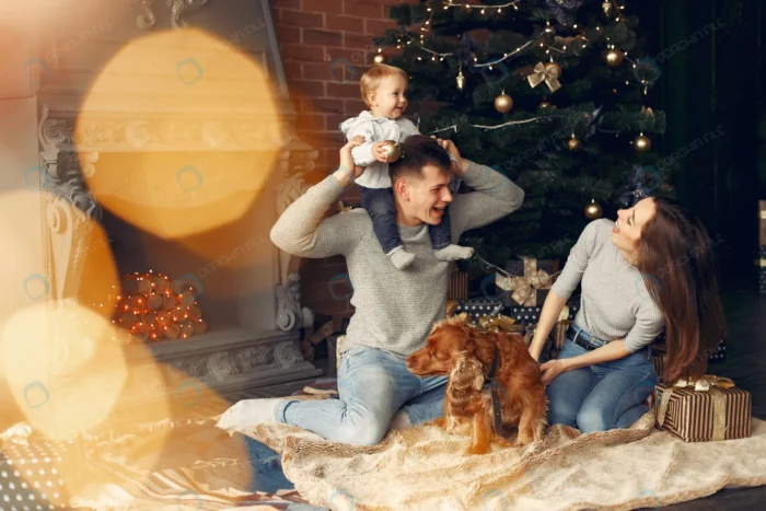 family with cute dog home near christmas tree crc806e10a8 - title:دانلود عکس باکیفیت ویژۀ کریسمس - اورچین فایل - format:JPG - استوک - sku:crc806e10a8 - keywords: p_id:31854