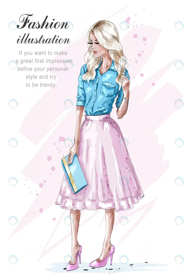 fashion blonde girl pink skirt illustration crc2959b8e6 size4.08mb - title:طرح نقاشی روز زن با فرمت وکتور - اورچین فایل - format:EPS - وکتور - sku:crc2959b8e6 - keywords: p_id:34957