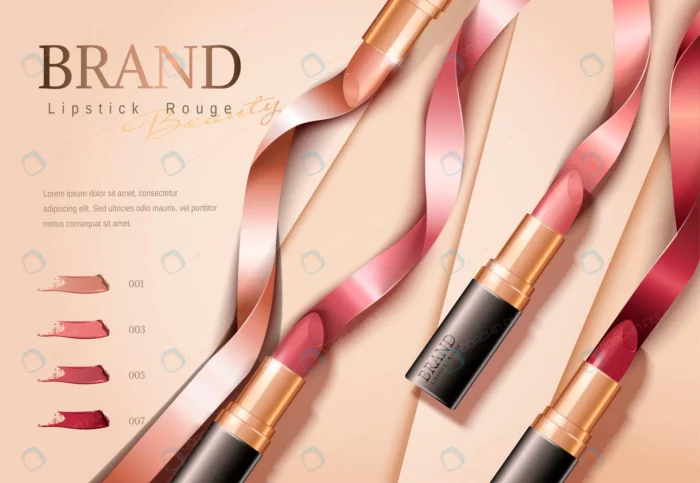 fashion lipsticks banner with ribbons flat lay 3d crc91d37794 size6.08mb - title:وکتور رئال لوازم آرایشی رژ لب - اورچین فایل - format:EPS - وکتور - sku:crc91d37794 - keywords: p_id:61121