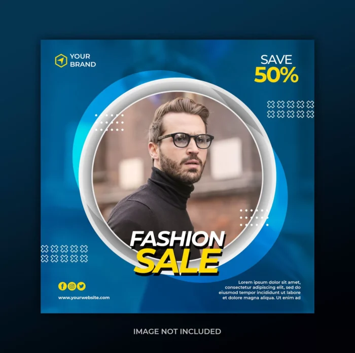 fashion sale banner template - title:دانلود پست اینستاگرام فشن ویژه تخفیف محصول با تصویر اصلی داخل کادر دایره و پس زمینه آبی شفاف در فرمت PSD - اورچین فایل - format:PSD - فتوشاپ - sku:6280 - keywords: p_id:31757