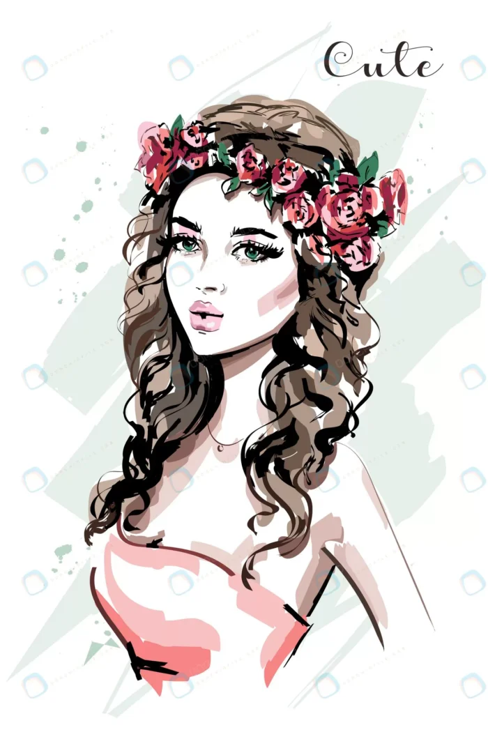 fashion woman with flower wreath portrait crc5aa39d41 size4.13mb - title:وکتور دختر با تاج گل رز - اورچین فایل - format:EPS - وکتور - sku:crc5aa39d41 - keywords: p_id:85133