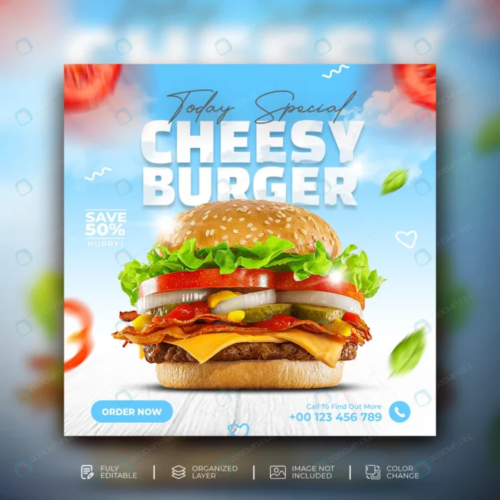 fast food burger social media promotion banner ps crcc413343f size8.65mb - title:قالب پست اینستاگرام ویژه تخفیف فست فود - اورچین فایل - format:PSD - فتوشاپ - sku:crcc413343f - keywords: p_id:82385