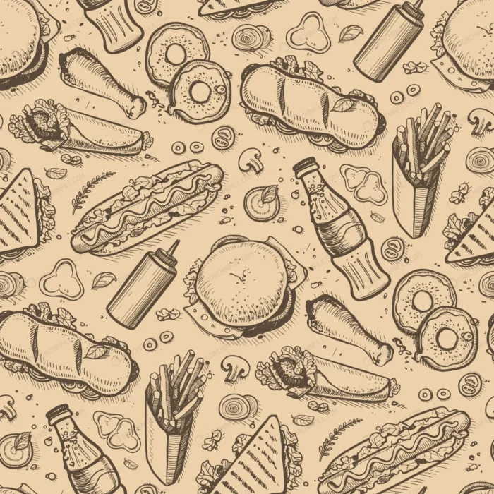 fast food hand drawn vintage background crcad457742 size9.14mb - title:پترن ساندویچ و نوشابه - اورچین فایل - format:EPS - وکتور - sku:crcad457742 - keywords:پترن طرح ساندویچ و نوشابه, وکتور, فایل تکی p_id:96737