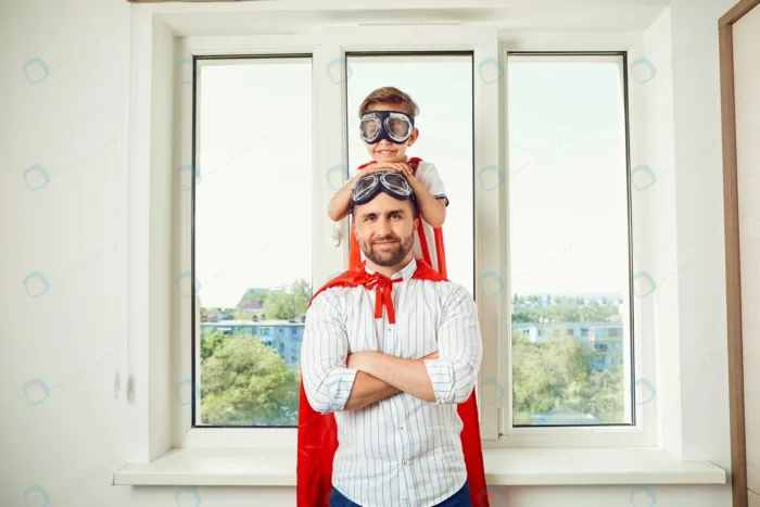 father son window room crc11305904 size8.53mb 5536x3691 1 - title:پدر و پسر با شنل قهرمانی - اورچین فایل - format:JPG - استوک - sku:crc11305904 - keywords: p_id:45524