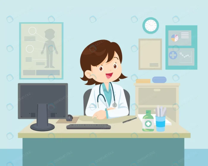 female doctor sitting table crc65e211e4 size1.32mb - title:کاراکتر خانم دکتر در مطب پزشکی - اورچین فایل - format:EPS - وکتور - sku:crc65e211e4 - keywords: p_id:78245