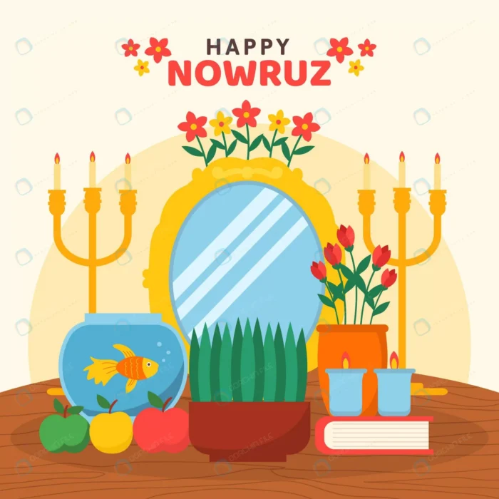 flat happy nowruz illustration 7 crc697e70d1 size0.56mb 1 - title:وکتور تبریک نوروز با هفت سین ، آینه و شمعدان - اورچین فایل - format:EPS - وکتور - sku:crc697e70d1 - keywords: p_id:53086