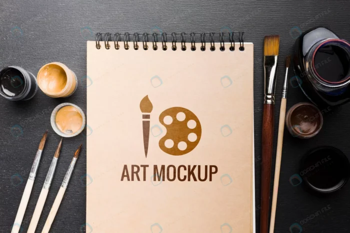 flat lay notebook brushes mock up crcc36ceaff size87.59mb - title:موکاپ جلد دفتر نقاشی - اورچین فایل - format:PSD - فتوشاپ - sku:crcc36ceaff - keywords: p_id:87209