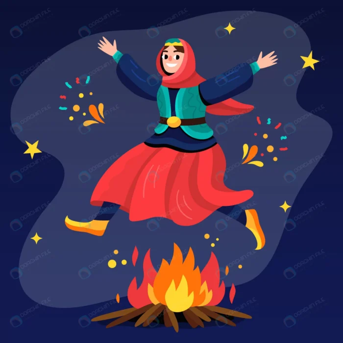 flat nowruz illustration crc45038d60 size1.31mb - title:وکتور دختر با لباس محلی در حال پریدن از آتش - اورچین فایل - format:EPS - وکتور - sku:crc45038d60 - keywords: p_id:75409