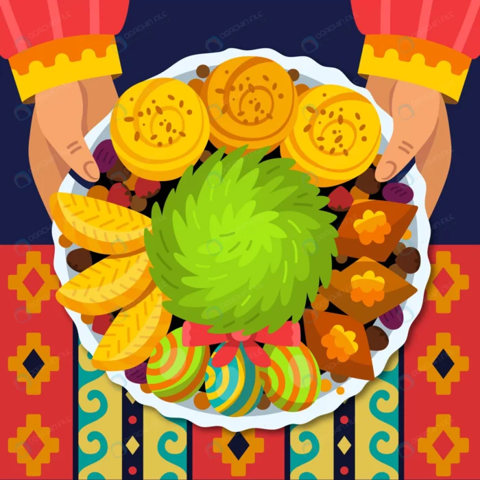 flat nowruz illustration 10 crcedbbb548 size2.18mb - title:ظرف شیرینی در دست کاراکتر از نمای تاپ - اورچین فایل - format:EPS - وکتور - sku:crcedbbb548 - keywords: p_id:75411
