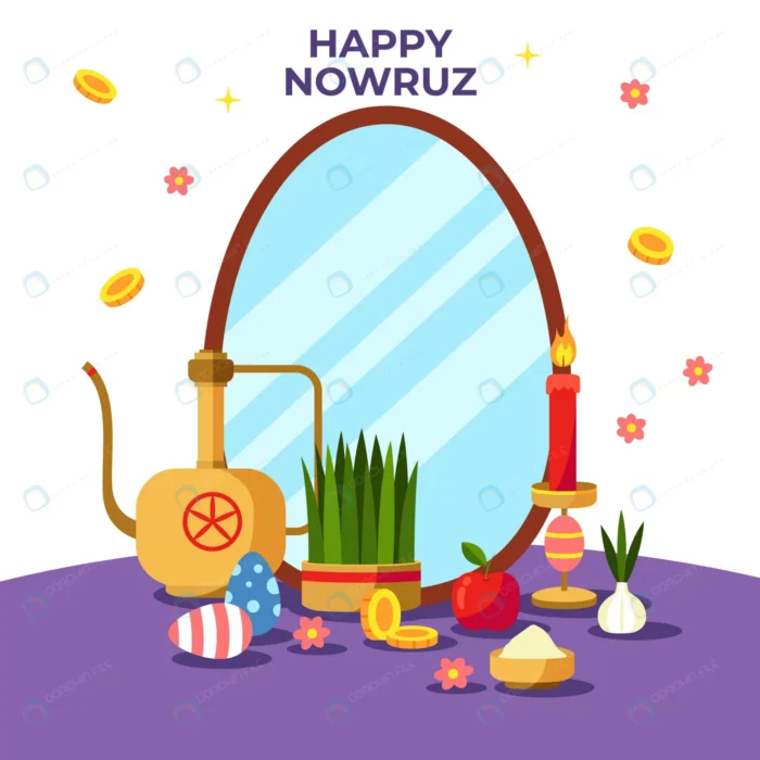 flat nowruz illustration 21 crc3bed0242 size1.63mb 1 - title:وکتور تبریک نوروز با سفره هفت سین و آینه - اورچین فایل - format:EPS - وکتور - sku:crc3bed0242 - keywords: p_id:53154