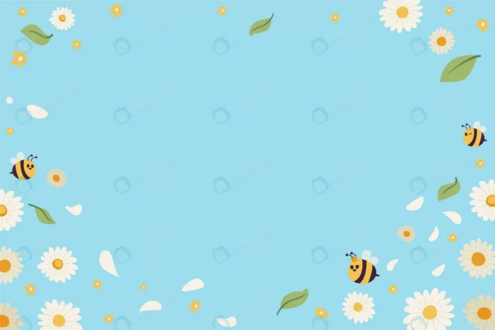 flat spring background with bees flowers crc0633e881 size0.82mb - title:وکتور گل های سفید و زنبور در آسمان آبی - اورچین فایل - format:EPS - وکتور - sku:crc0633e881 - keywords: p_id:55041