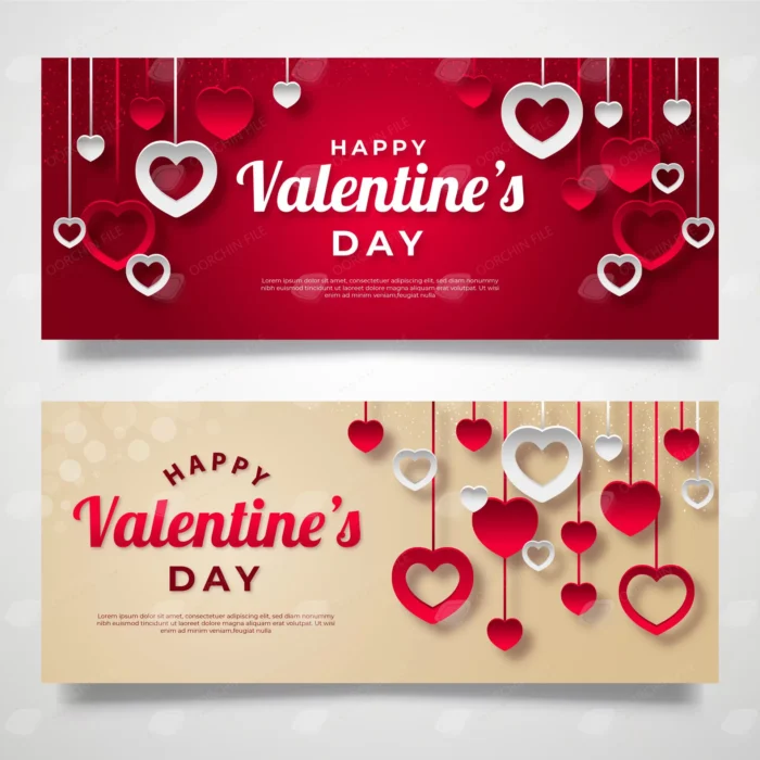 flat valentine s day banners - title:دانلود ۲ وکتور فلت ویژه تبریک روز ولنتاین با قلب های سفید و قرمز آویزان - اورچین فایل - format:EPS - وکتور - sku:5216 - keywords: p_id:30844