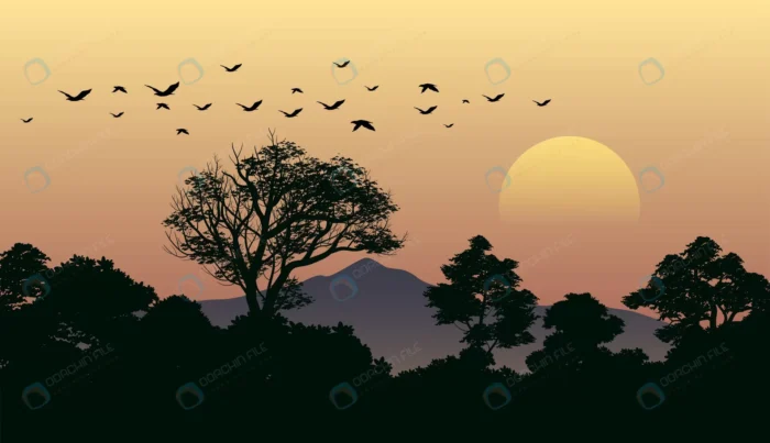 forest sunset landscape with flying birds rnd887 frp6418802 - title:غروب خورشید با پرندگان در حال پرواز - اورچین فایل - format:EPS - وکتور - sku:frp6418802 - keywords: p_id:69723