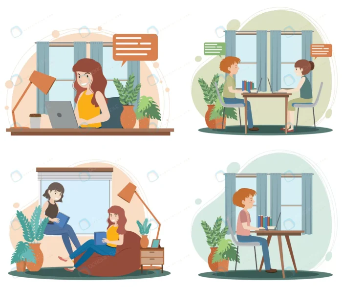 four scenes with people working from home crcb42f2446 size2.96mb - title:وکتور تصویر چهار قسمتی از کار با لپ تاپ درخانه - اورچین فایل - format:EPS - وکتور - sku:crcb42f2446 - keywords: p_id:56606