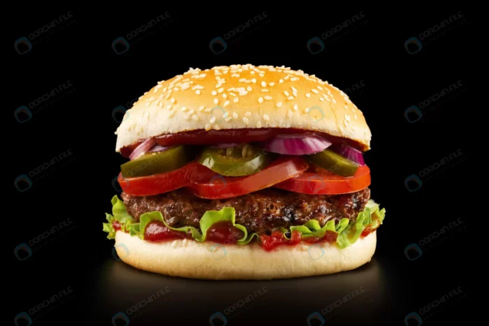fresh juicy burger black background 2 crcaa033d39 - title:تصویر تبلیغاتی ساندویچ برگر - اورچین فایل - format:JPG - استوک - sku:crcaa033d39 - keywords: p_id:62318