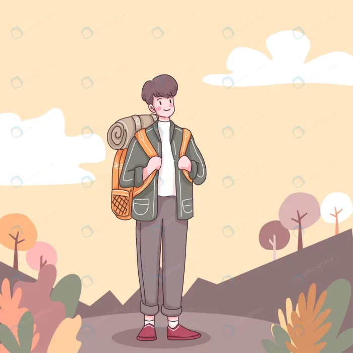 front adventure man with backpack hiking climbing crc07191749 size1.73mb - title:کاراکتر گردشگر پسر با کوله پشتی - اورچین فایل - format:EPS - وکتور - sku:crc07191749 - keywords: p_id:58158