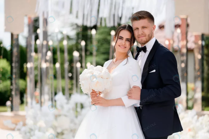 front view brides couple wedding ceremony man groo rnd703 frp29453767 - title:تصویر عروس و داماد با پس زمینه طاق تزئینی - اورچین فایل - format:JPG - استوک - sku:frp29453767 - keywords: p_id:74659
