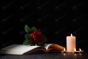 front view burning candles with open book red flo crce6114cb1 size5.55mb 5600x3737 - title:Home - اورچین فایل - format: - sku: - keywords: p_id:18