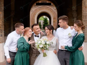 front view newlyweds standing friends embracing ea rnd968 frp29453953 - title:Home - اورچین فایل - format: - sku: - keywords: p_id:18