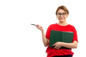 front view young female student red t shirt holding copybook smiling white - title:Home - اورچین فایل - format: - sku: - keywords: p_id:18