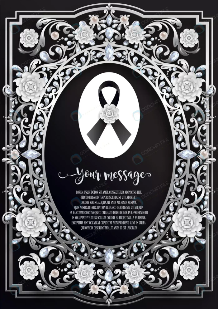 funeral card template with black ribbon white flo crc44c52e20 size13.88mb - title:قالب کارت تسلیت با روبان مشکی - اورچین فایل - format:EPS - وکتور - sku:crc44c52e20 - keywords: p_id:89355