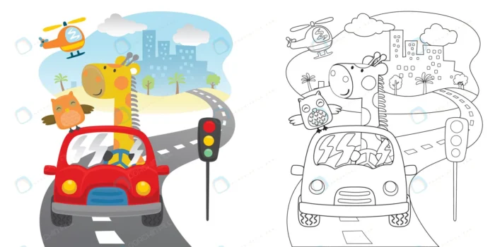 funny bear with owl red car road crc738496ec size1.23mb - title:کاراکتر زرافه، گنجشک مناسب رنگ آمیزی - اورچین فایل - format:EPS - وکتور - sku:crc738496ec - keywords: p_id:40464