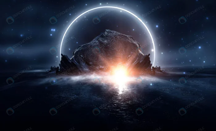 futuristic fantasy night landscape with abstract crc102fe4f0 - title:تصویر تخیلی از شب و نور جلوی صخره - اورچین فایل - format:JPG - استوک - sku:crc102fe4f0 - keywords: p_id:84341