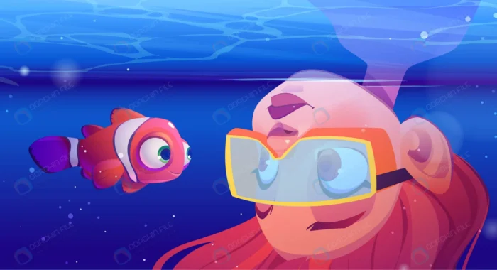 girl scuba diver watch clown fish underwater sea crcf9ac9edf size2.96mb - title:کاراکتر خانم با عینک غواصی داخل آب - اورچین فایل - format:EPS - وکتور - sku:crcf9ac9edf - keywords: p_id:77573