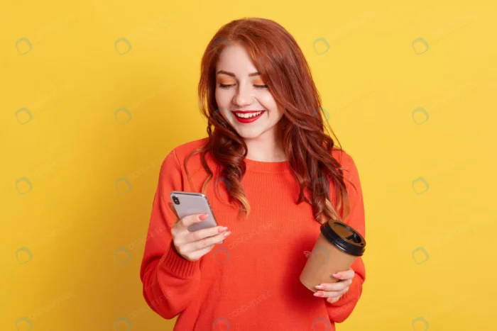glad female student has coffee break after lectur crc3ab7fae5 - title:تصویر دختر زیبا در حال پیام زدن - اورچین فایل - format:JPG - استوک - sku:crc3ab7fae5 - keywords: p_id:90477