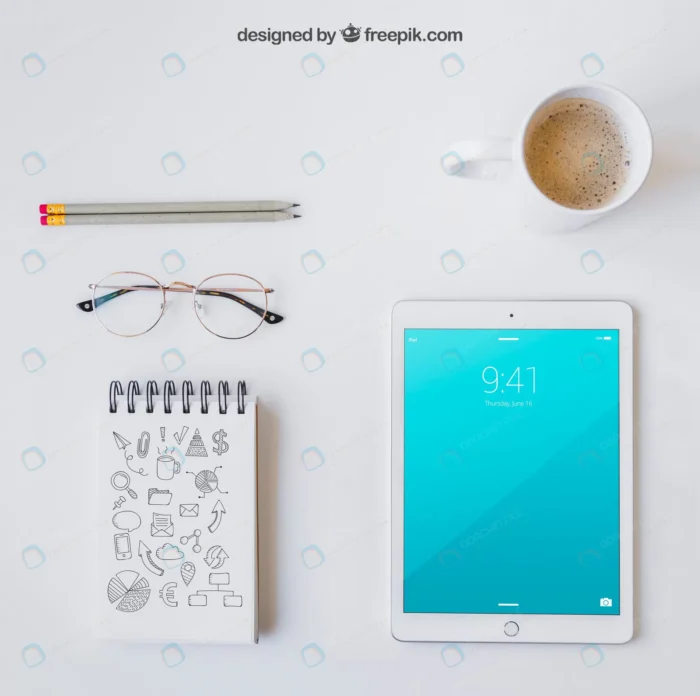 glasses notebook pencils tablet coffee crc59d9d561 size35.62mb - title:موکاپ قهوه و دفتر و مداد و تبلت از نمای بالا - اورچین فایل - format:PSD - فتوشاپ - sku:crc59d9d561 - keywords: p_id:56548