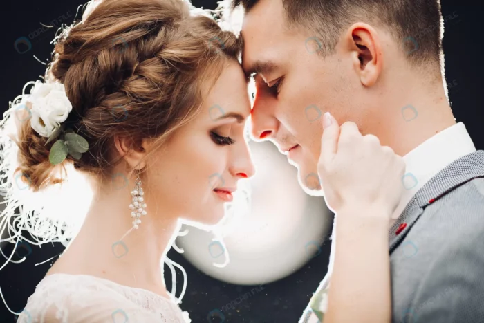 gorgeous bride handsome groom touching by faces e crcfa7d27f1 - title:تصویر باکیفیت از پرتره عروس و داماد - اورچین فایل - format:JPG - استوک - sku:crcfa7d27f1 - keywords: p_id:75753