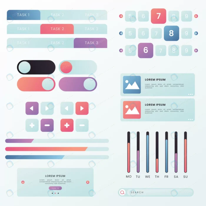 gradient colored ui kit collection 4 crc71f322c9 size1.12mb - title:وکتور رابط کاربری با استایل گرادینت - اورچین فایل - format:EPS - وکتور - sku:crc71f322c9 - keywords: p_id:55732