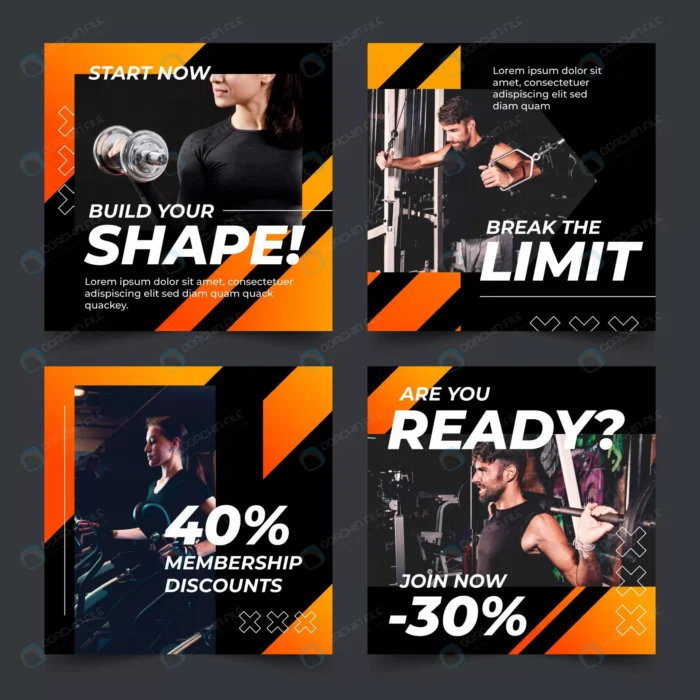 gradient health fitness instagram posts collectio crc7faf3f74 size2.35mb - title:قالب پست اینستاگرام ورزشی - اورچین فایل - format:EPS - وکتور - sku:crc7faf3f74 - keywords: p_id:79937