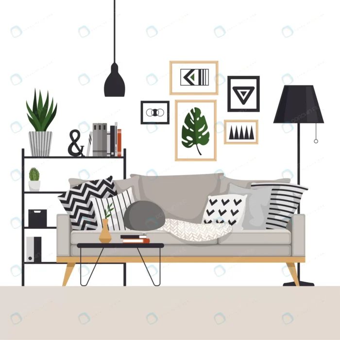 gray sofa with coffee table rack with floor lamp crcaca53960 size1.06mb - title:نمای داخلی اتاق با مبل خاکستری - اورچین فایل - format:EPS - وکتور - sku:crcaca53960 - keywords: p_id:88085