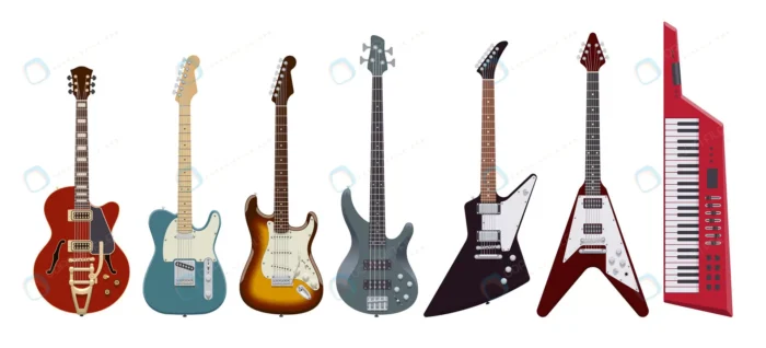guitar set realistic electric guitars white backg crc203f28ec size3.74mb - title:وکتور انواع گیتار الکتریک - اورچین فایل - format:EPS - وکتور - sku:crc203f28ec - keywords: p_id:38335