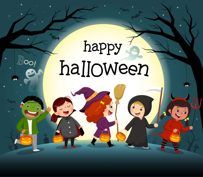 halloween night background with group kids costume party - title:وکتور بچه ها در جشن هالووین - اورچین فایل - format:EPS - وکتور - sku:3660 - keywords: p_id:29299
